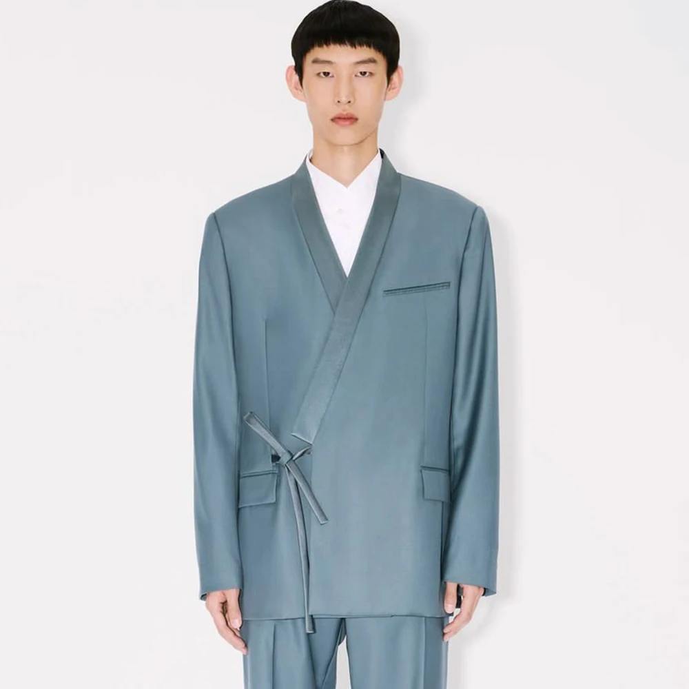

Unique Dusty Blue Men's Loose Fit Blazer Casual Kimono Style Shawl Lapel Suit Customized High-end Jacket Pants 2 Piece Set