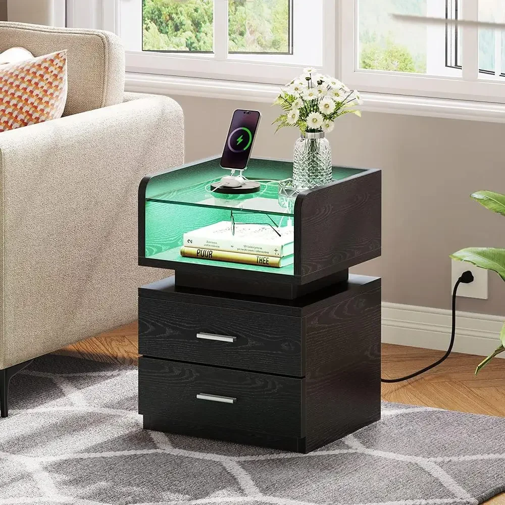 Modern LED Nightstand with 2 Drawers Tempered Glass Top RGB Lighting Black Power Outlets Easy Assembly