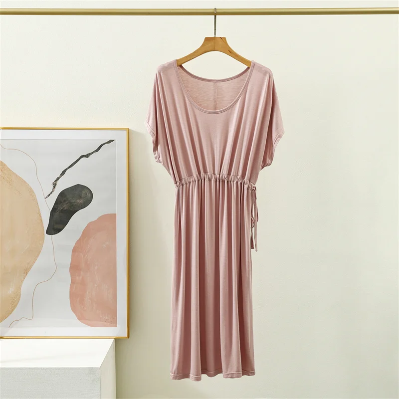 Modal Mid Length Long Dress Loose Elastic Pleated Nightdress Short Sleeved Summer Sleepwear Women Comfortable Ladies Nightgowns