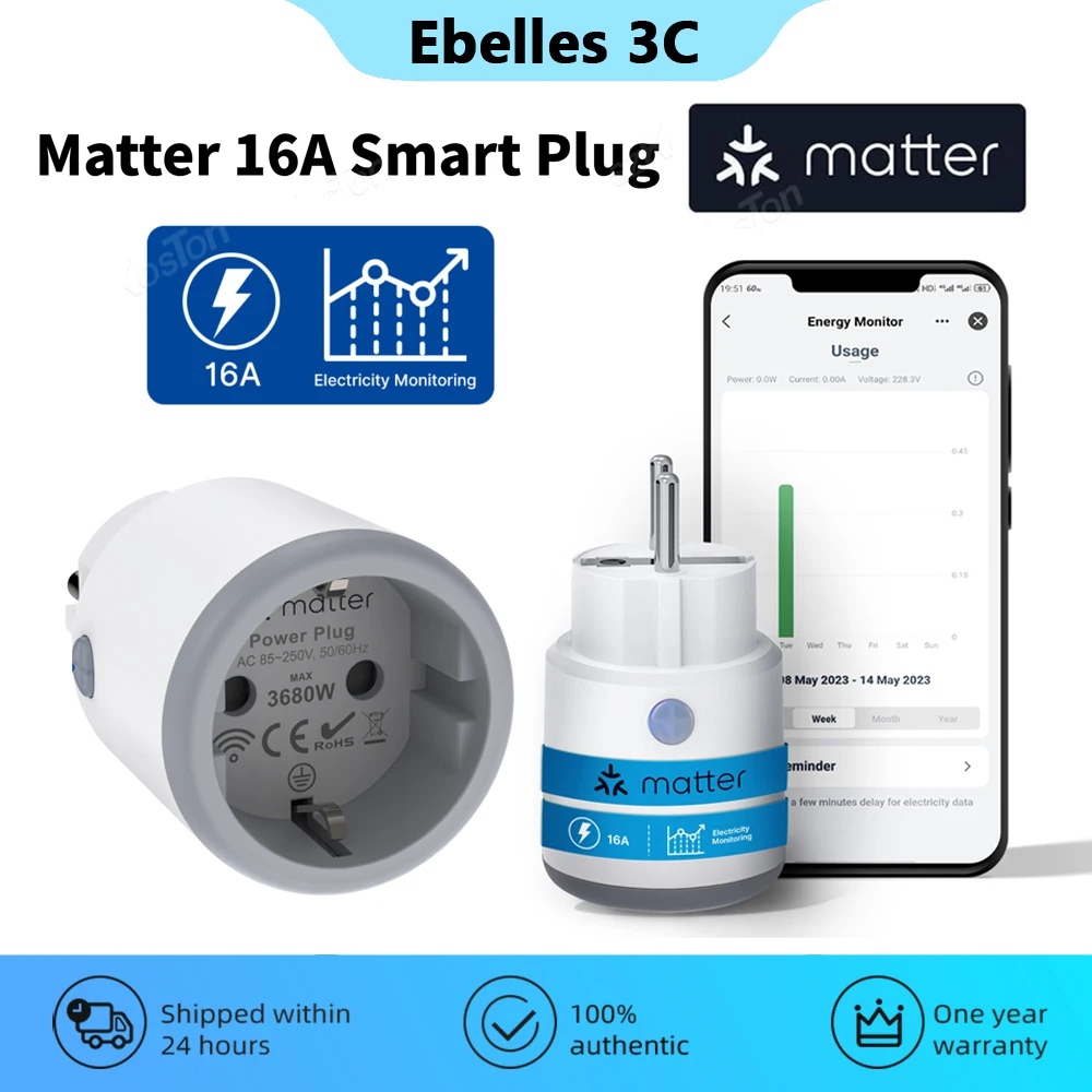 Matter 16A Wifi Smart Plug Tuya Smar Socket with Power Monitor Home Appliance Extension Adapter Works with Homekit Alexa Google