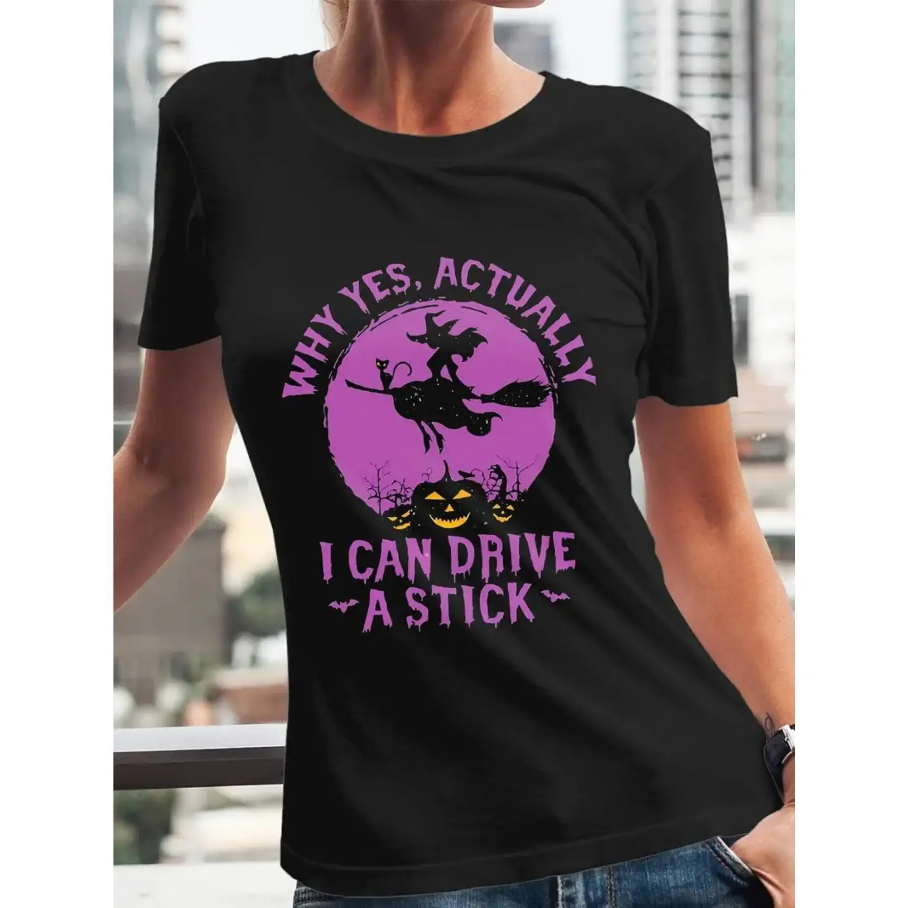 

Funny Halloween Witch Graphic T-Shirt Women’s I Can Drive a Stick Cotton Tee for Party, Streetwear or Gift