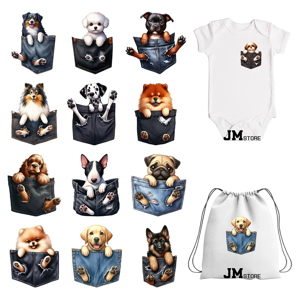

8cm 3inch New Pocket Dog Animals Heat Transfer Stickers Iron On For Clothes DTF Pinted Appliques Washable T-Shirt Decal
