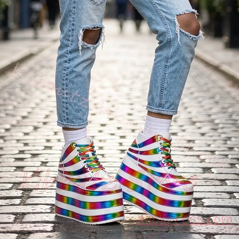 Platform Rainbow Sneaker High Top Lace Up Height Increasing Alt Fashion Statement Footwear Cosplay Streetwear Women Shoes Sexy