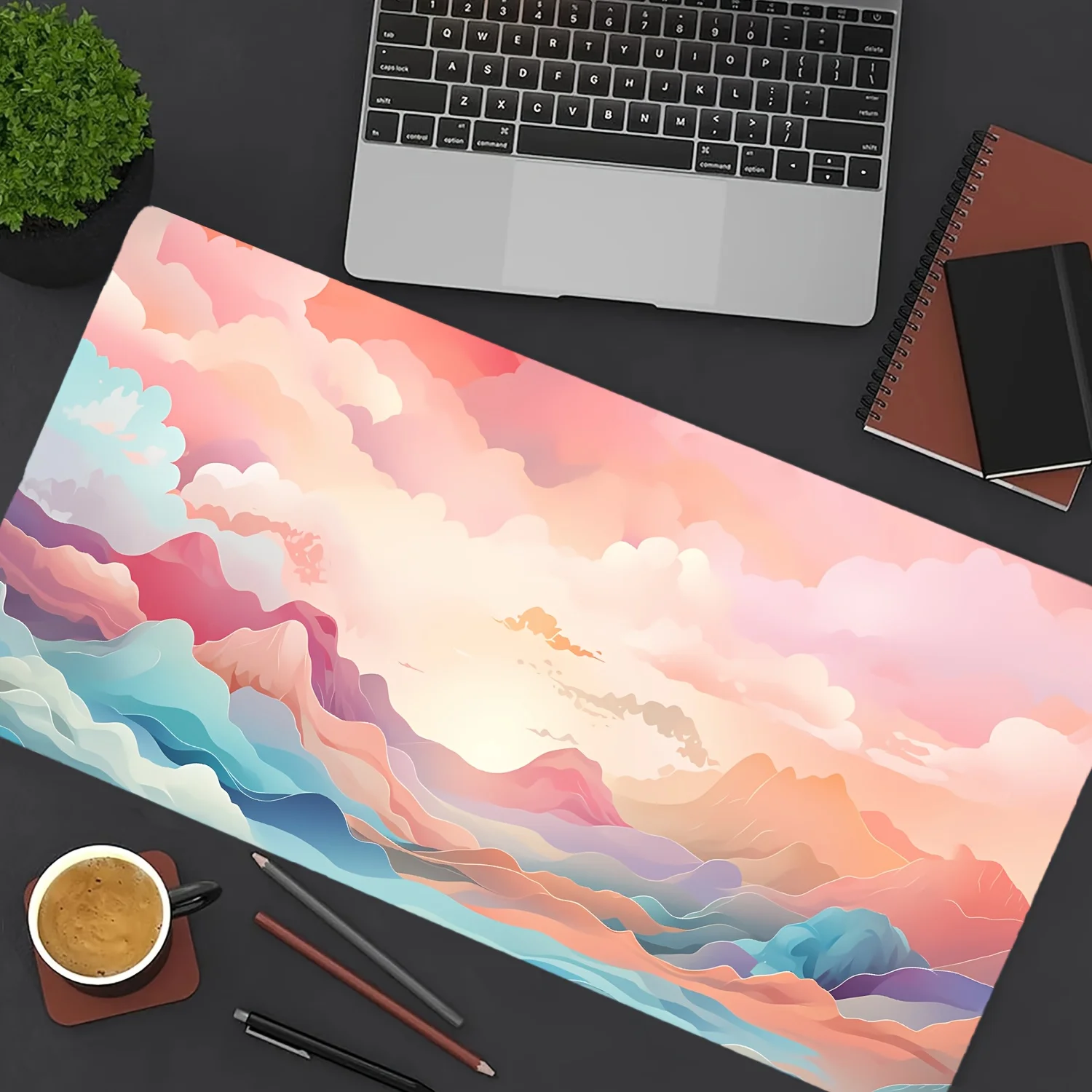 1pc Large Gaming Mouse Pad & Desk Mat - Pastel Cloudtop Sunrise Design, Non-Slip Rubber Base, Stitched Edges, Smooth Surface for