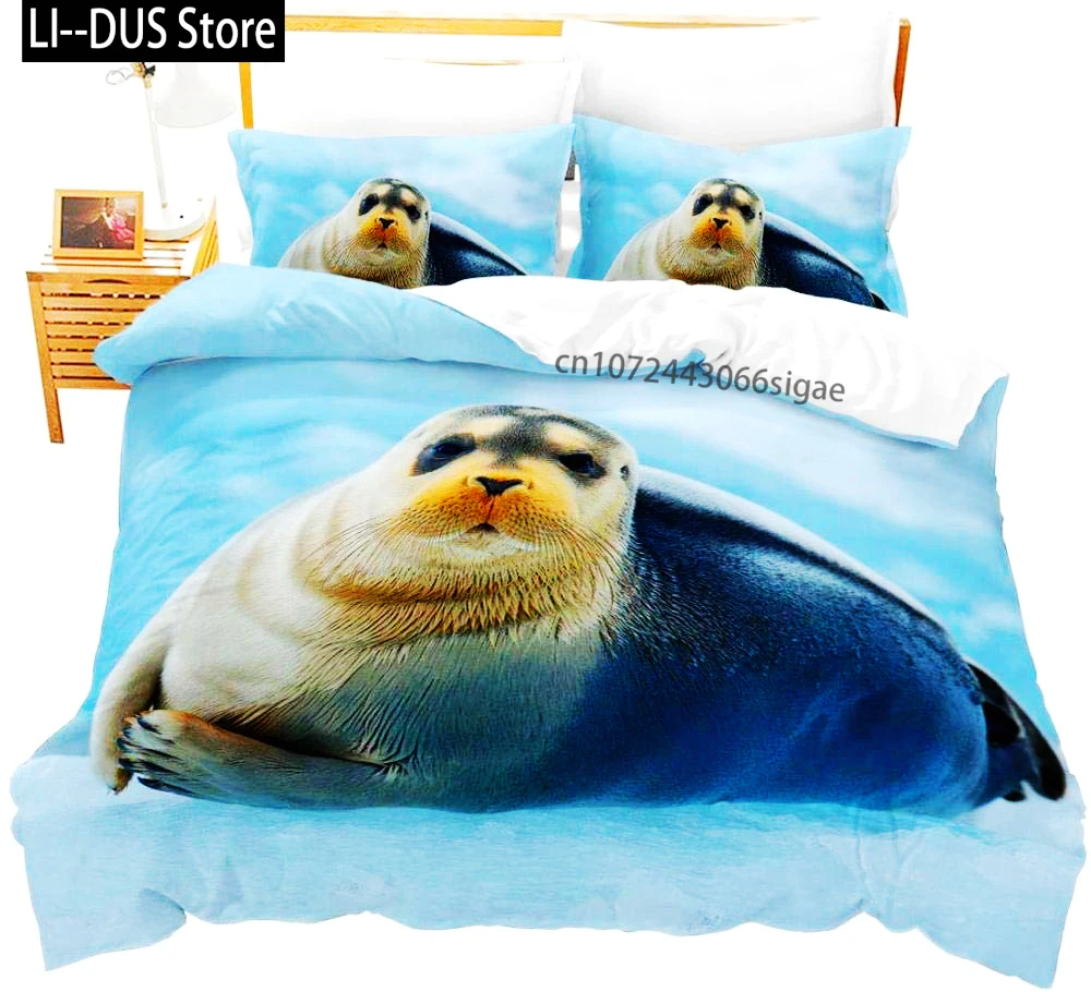 

3D Sea Lion Duvet Cover King/Queen Size,Cute Cartoon Sea Lion Sleeping Print Bedding Set For Kids Boys,ocean Animals Quilt Cover
