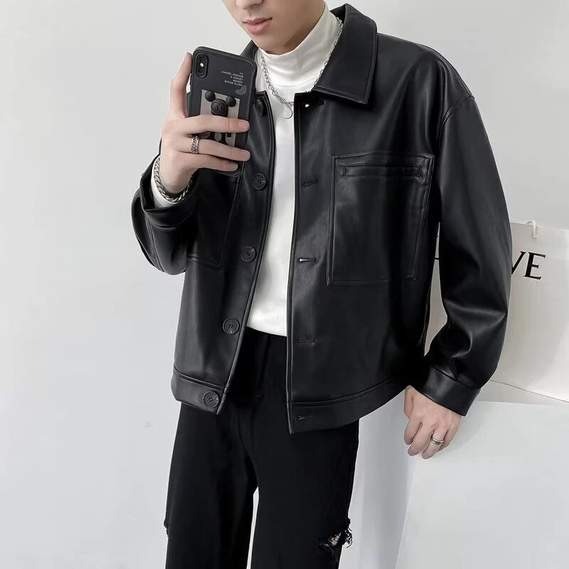 

Korean Style Short Men's Leather Jacket PU Sheepskin Retro Motorcycle Coat for Autumn Wear​