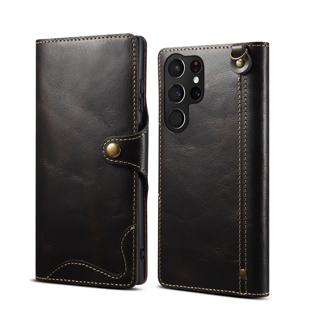 

Genuine Leather Magnetic Buckle Flip Cover for Samsung Galaxy S21 S22 S23 S24 Plus S25 Ultra with Protective Case and Wrist Rope