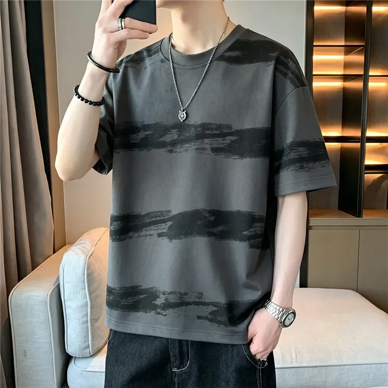 Men's Casual Short Sleeve T Shirt with Abstract Green Black Pattern Round Neck Breathable Cotton Blend Tee for Summer Daily Wear