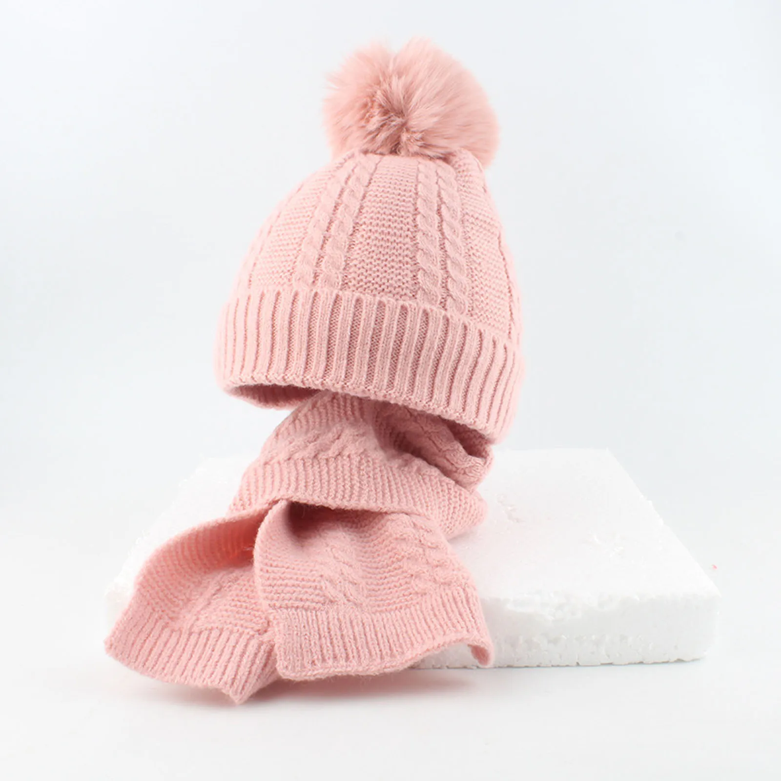 Warm Fleece Lined Hat Kids Girls Winter Beanies Cable Knitted Pom Pom Hat Plain Skullies Olive Green Black Grey White Beige Pink