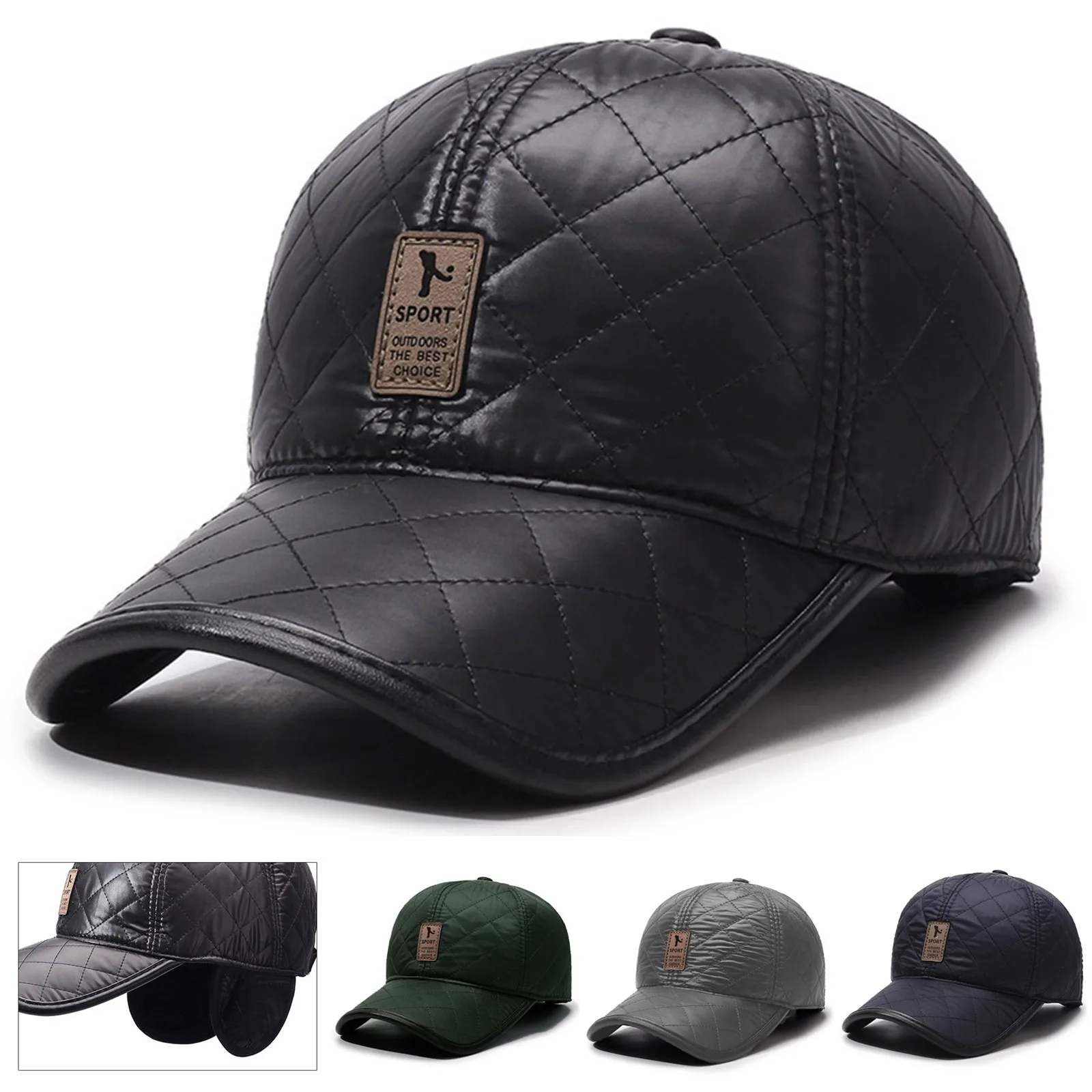 Winter Men PU Baseball Cap Warm Ear Flap Hat Thickened Cold Weather Outdoor Sports Casual Style with Adjustable Strap view 2