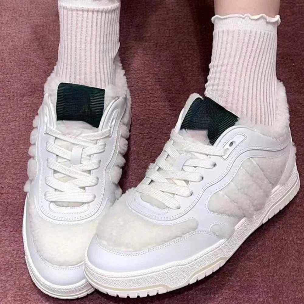 

NIGO Women's Autumn And Winter Plush Splicing Sneaker Lamb's Wool Warm Small White Shoes Fashion Temperament Shoes #NGSH1299