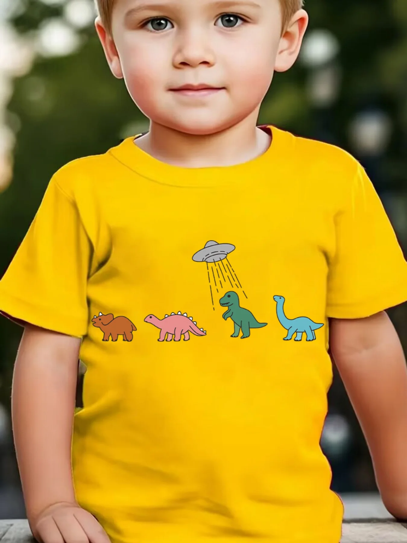 Kids Boys Girls Family Matching T Shirt Ufo Abduct Dinosaur Cartoon Fun Pattern Graphic Print Short Sleeve Crew Neck Tee Tops