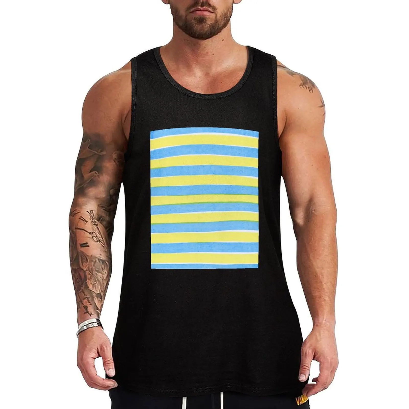 Camiseta sin mangas con estampado horizontal de rayas amarillas y azules, camiseta sin mangas con gráfico simple, estampado minimalista sin mangas