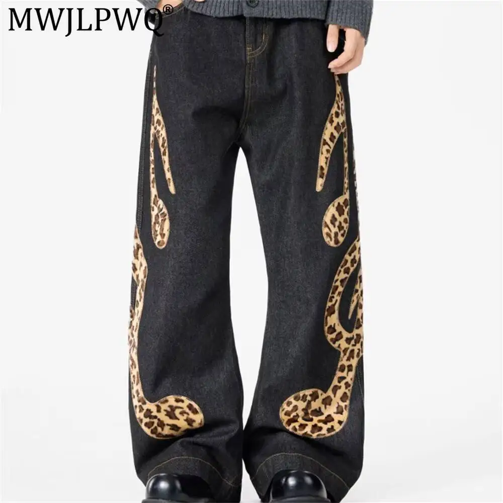 MWJLPWQ Leopard Print Embroidered Curved Jeans For Men Trendy Punk Design Niche Arc-Shaped Loose Wide-Leg Trousers Autumn 20275
