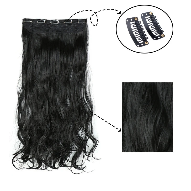 Clip in Hair Extensions 24 Inch Black Long Wavy Synthetic 1PCS Thick Hairpieces Fiber for Women Natural Soft Hair Blends Well