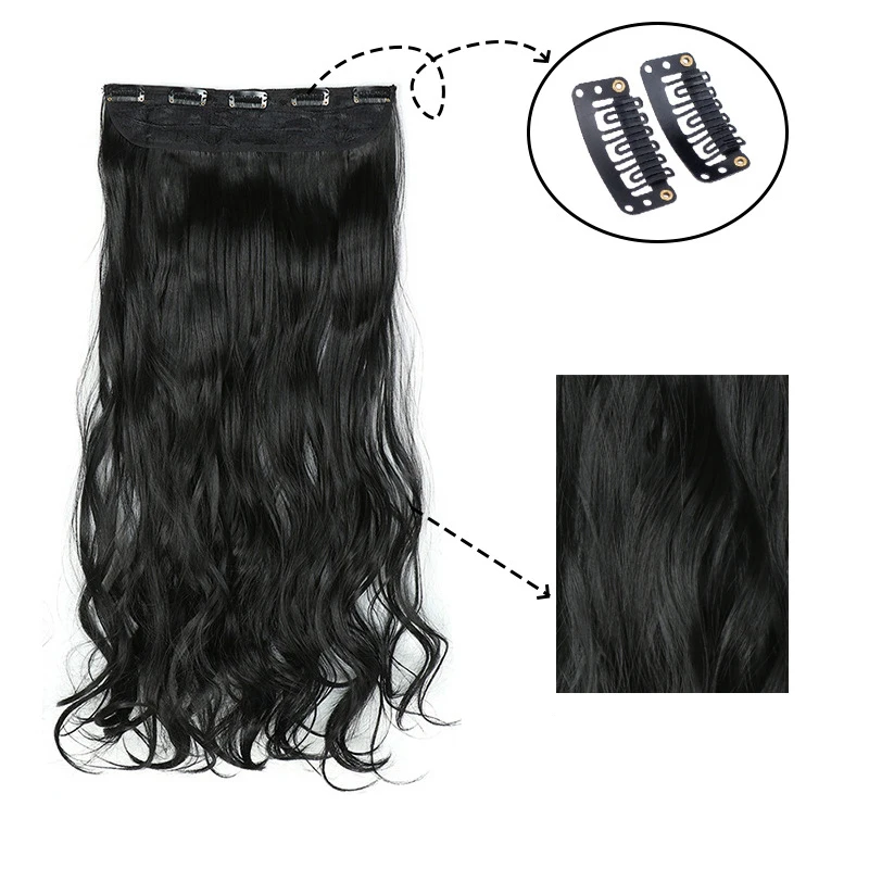 Clip In Hair Extensions 24 Inch Zwart Lang Golvend Synthetisch 1 Stuks Dikke Haarstukjes Vezel Voor Vrouwen Natuurlijke Zachte Haarmengsels Goed