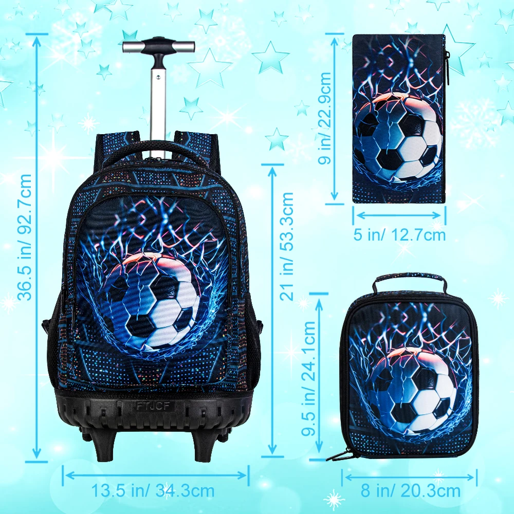 3Pcs Blue Soccer Goal Wheeled Backpack Set Kids Trolley School Bag with Lunch Box