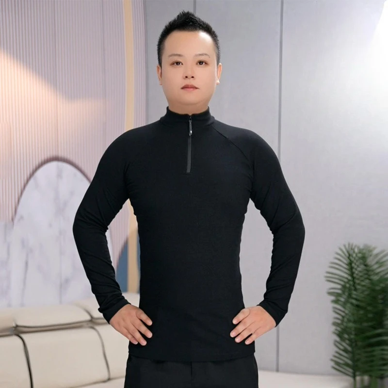 New Thermal Ballroom Dance Top, Half‑Zip Mock Neck Long‑Sleeve Fleece‑Lined Shirt for Salsa Tango Cold Weather Dance Training