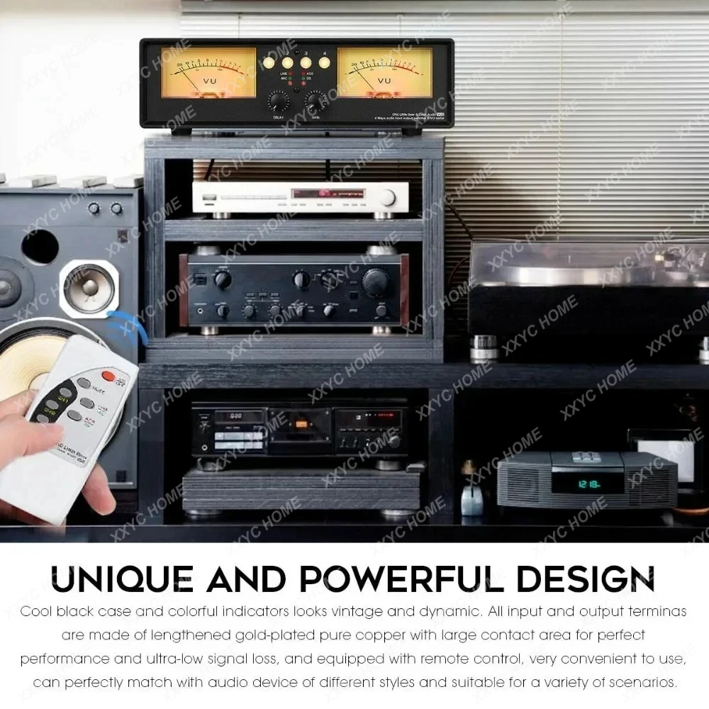 Analog Dual VU Meter MIC+LINE Stereo Music Spectrum Display Sound Level Indicator 4-Port Audio Splitter Switcher Box