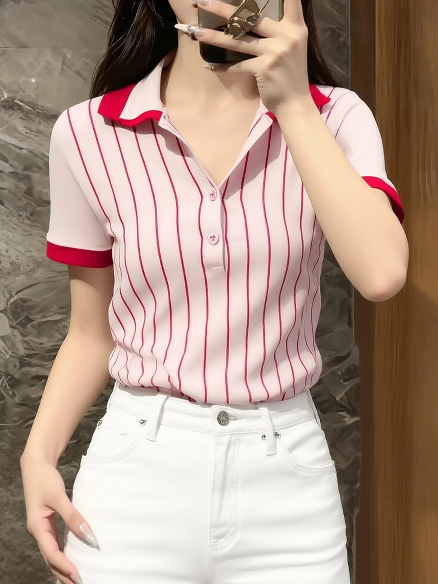 

Slimming ort Sve Ne T-irt Color Blo Faion Spring Youthful Base irt Korean Sle Commute Wind Slim Fit irt