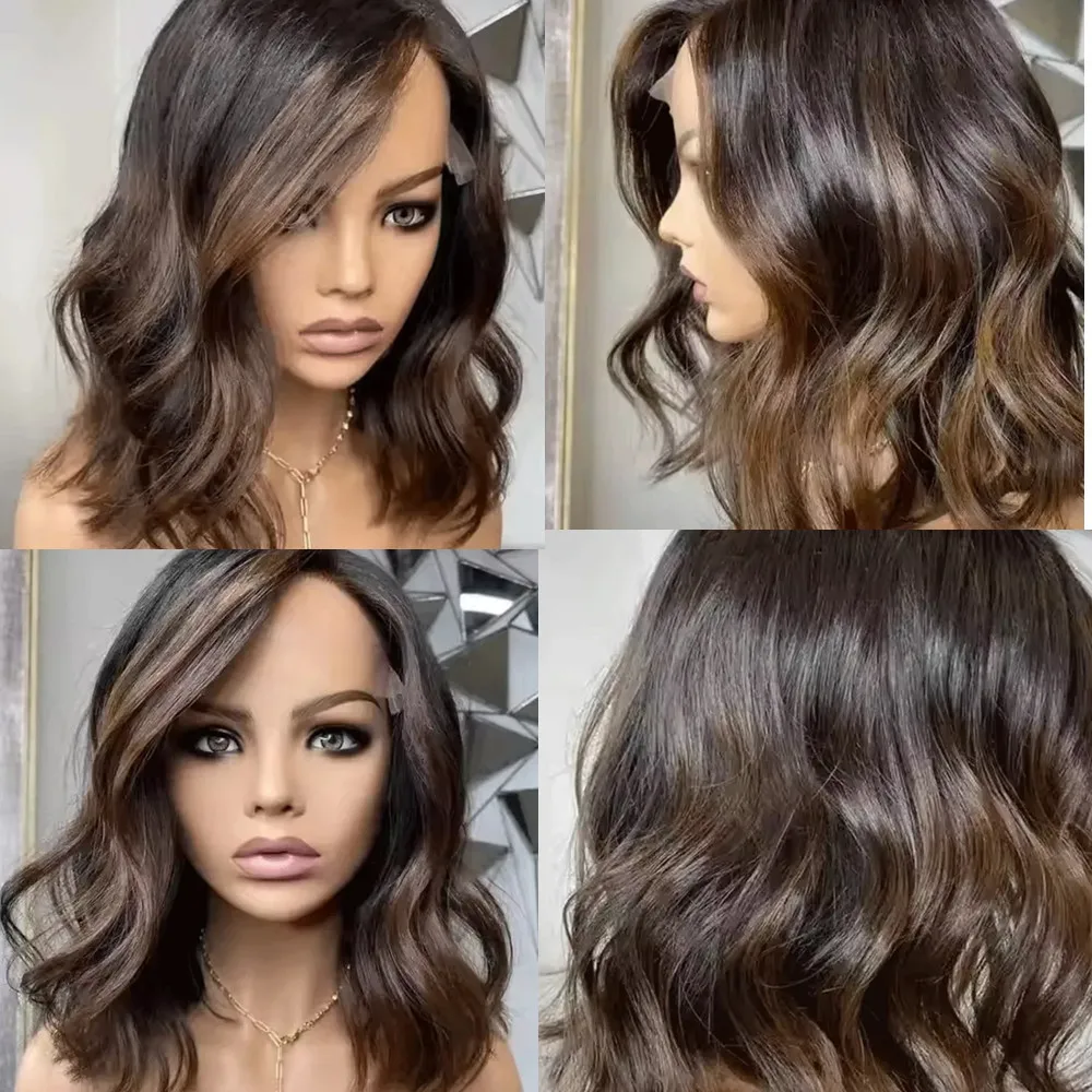 Kurze Bob-Perücke mit Spitze, synthetisches Haar, gewebt und gemischt, Ombre-Braun, Lace-Front-Perücken für Frauen, 13x4, kleberlos, natürlicher Haaransatz, Cosplay