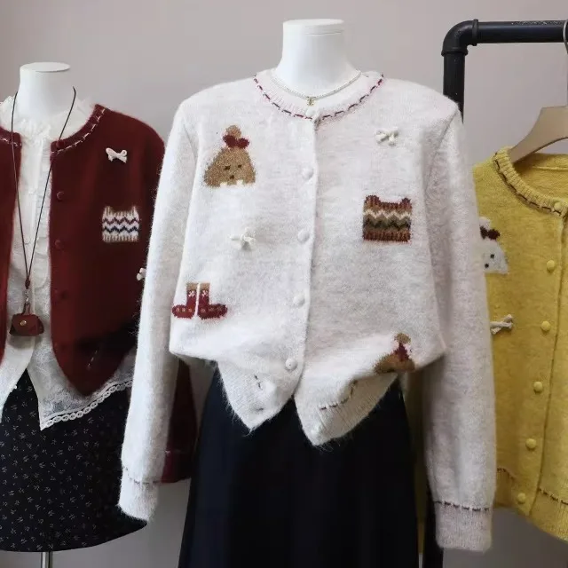 

Милый вязаный свитер в стиле преппи, женский мягкий вязаный свитер с вышивкой узлом, свободный крой, длинный кардиган све, средний вес, зима