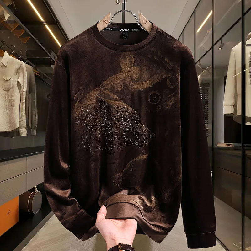 Luxurious Hot Stamping Golden Velvet Men T-shirts Autumn Winter Warm Long Sleeved Bottom Shirt Social Casual Pullover Streetwear