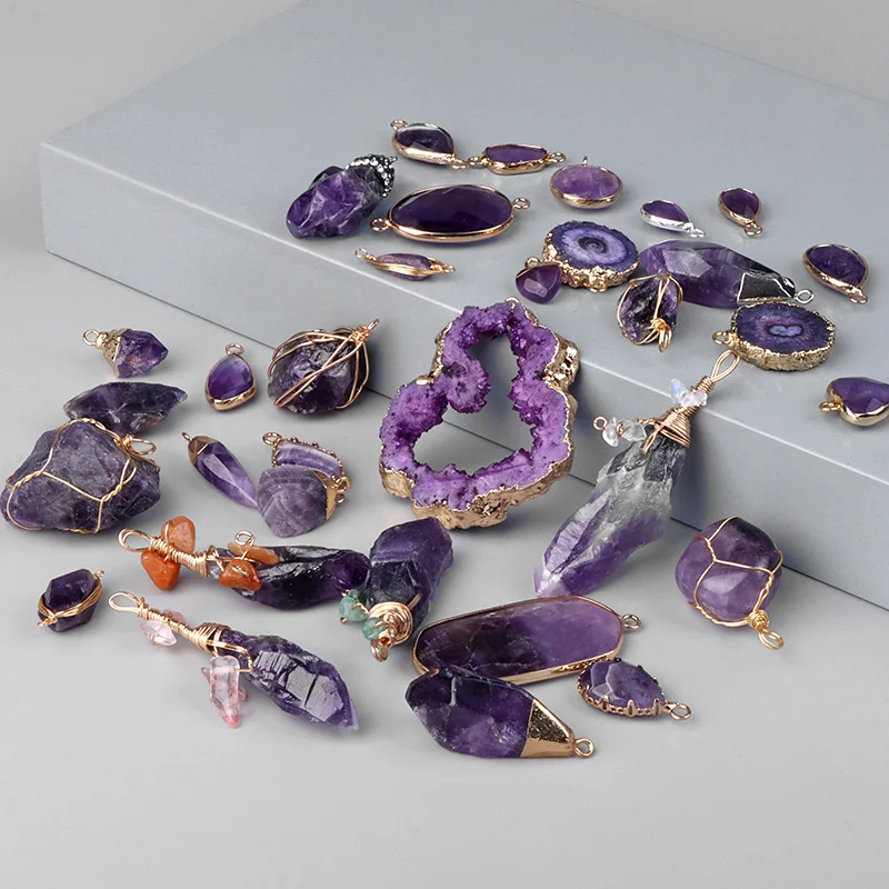 Natural Purple Stone Amethysts Slice Pendant Quartz Crystal Irregular Charm for Handmade Jewelry Making Necklace Earring Diy