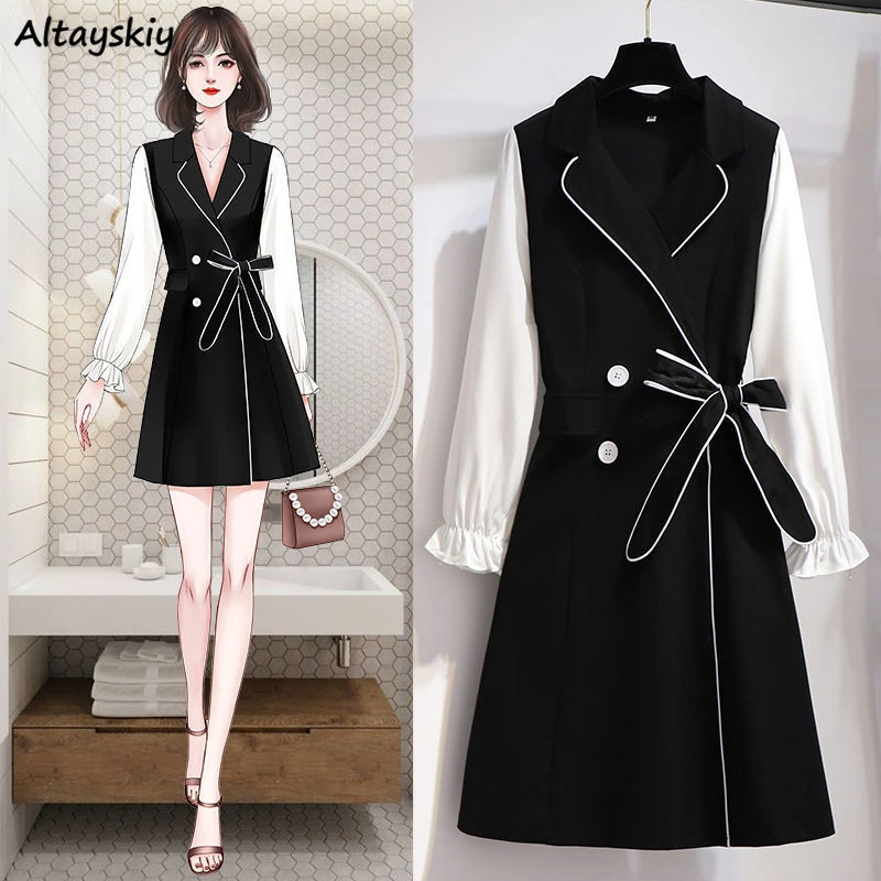 Vestido de manga longa feminino estilo coreano elegante lazer primavera outono all-match faculdade vestidos mujer mini simples aconchegante elegante novo