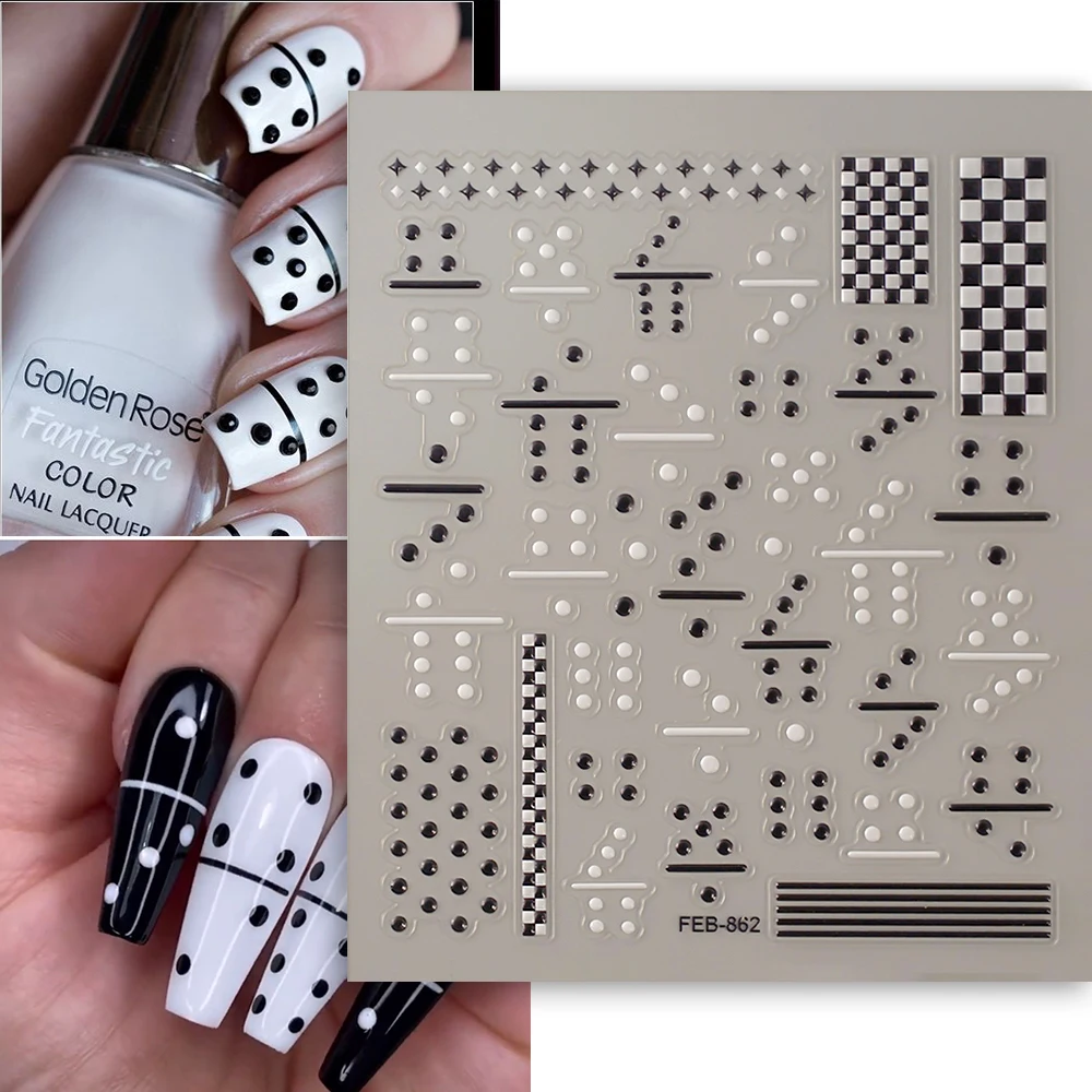 5D Embossed Nail Art Sticker Decal Black White Check Flag Self Adhesive OEM Sliders Winter Manicure FEB-862