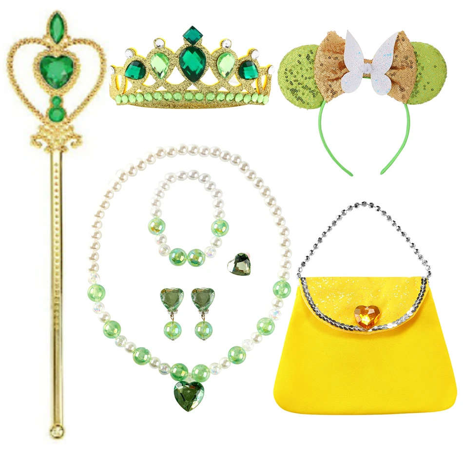 Tiana accesorios para niñas, diadema de campana Tinker, corona, varita, guantes, collar, pulsera, pendientes, conjuntos de alas de princesa para