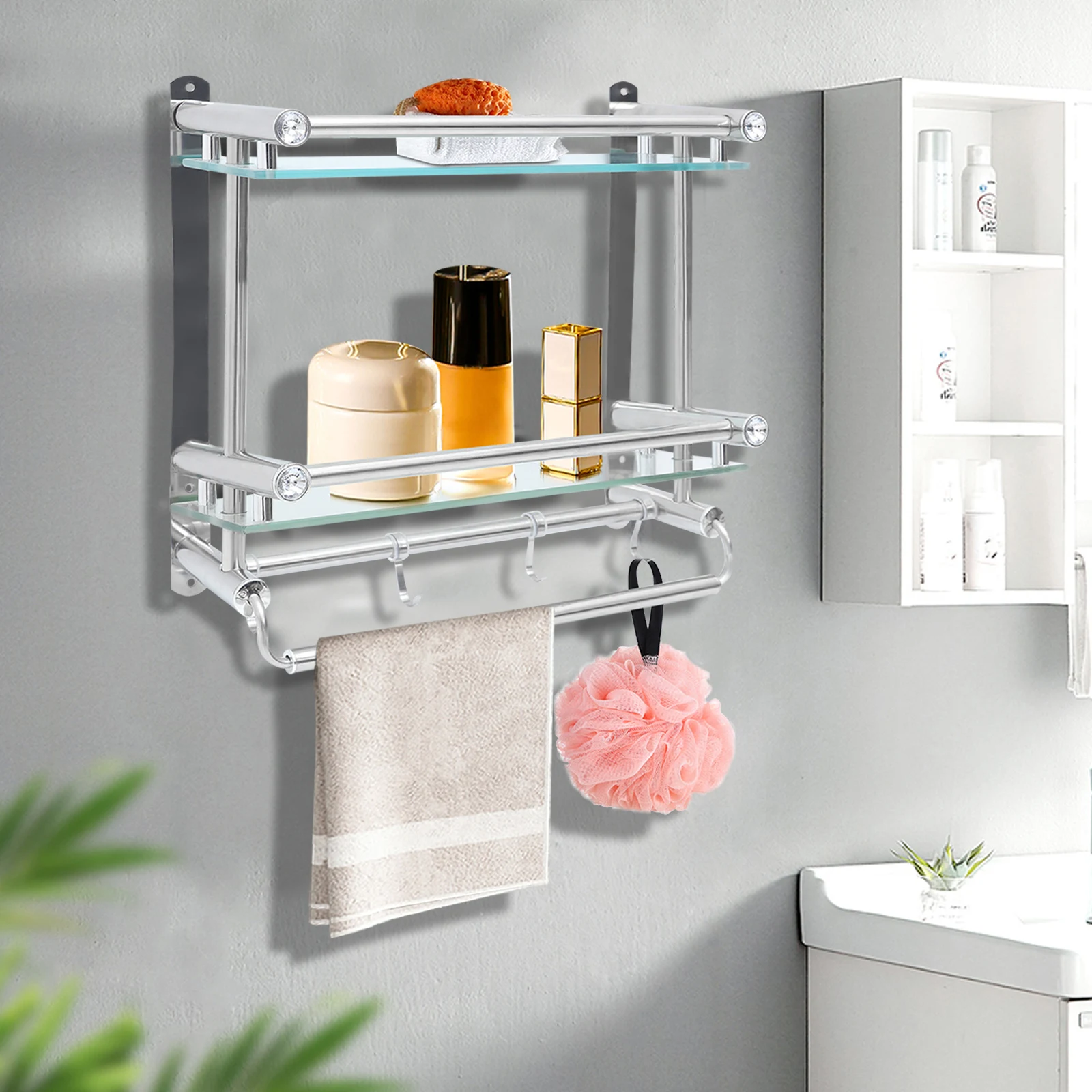 Towel Rack 3 Tier Wall Mounted Bathroom Storage Glass Shelf with Towel Bar