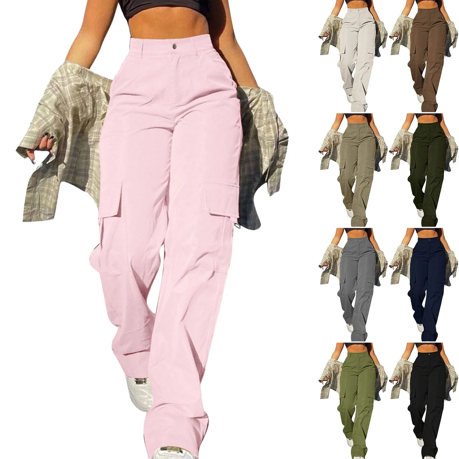 Streetwear Basic Buckle Cargo Pants Women Parachute Trousers Solid Straight Leg Big Pockets Baggy All-Match Y2K Sweatpants Chic