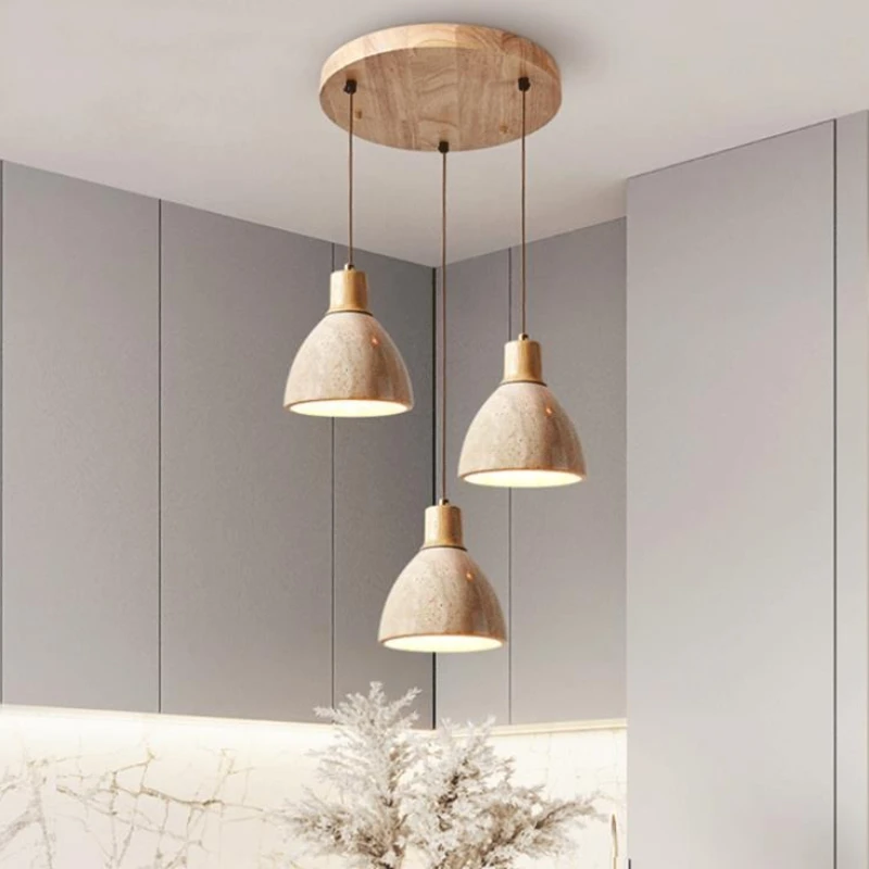 

110V-220V Pendant Lamp Stone Yellow Travertine Chandelier Bedside Small Round Light Nordic Bedroom Creative Hang