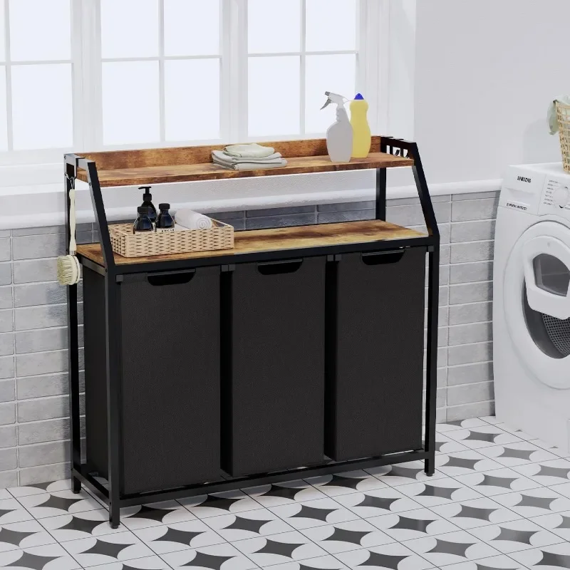 

Hot sale.Laundry Hamper, Laundry Sorter 3 Section, Rolling Laundry Basket with Wheels, 2 Shelves, 3 × 14.5 Gal