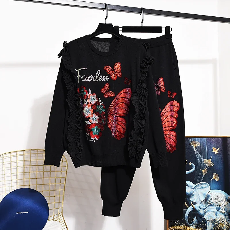 

Rose Red Black Hot Drilling Butterfly Knitted Tracksuits Women Outfits Fashion Loose Pullover Sweater Pencil Pants Set Female
