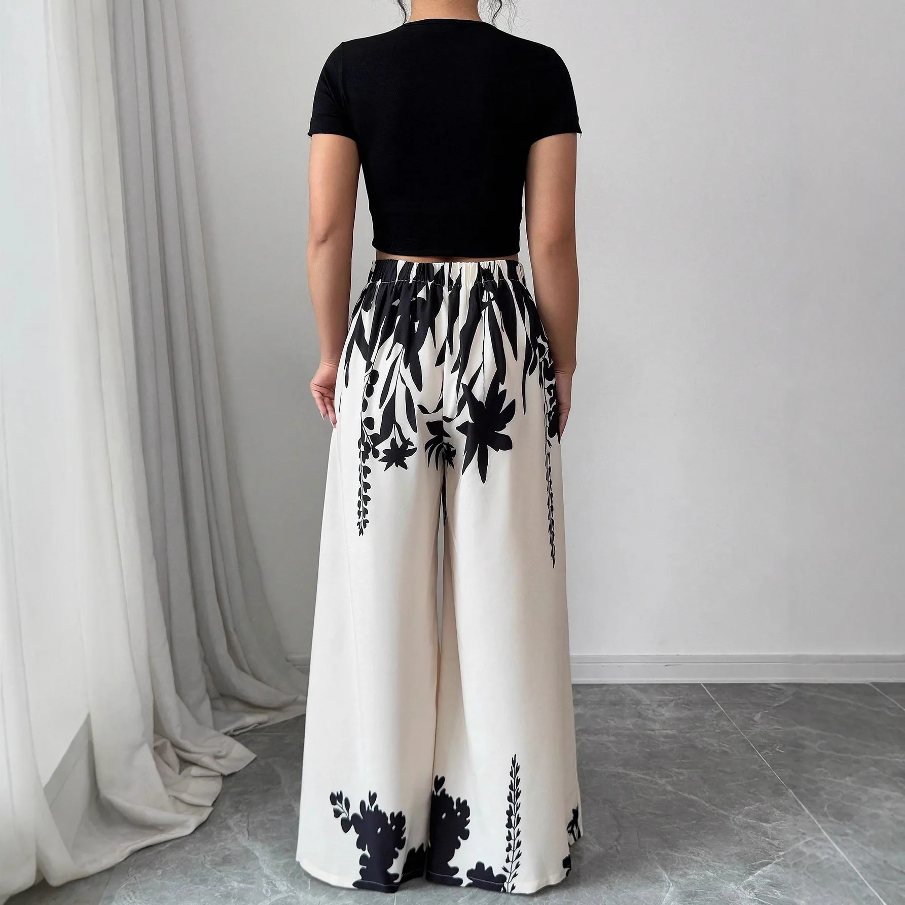 New Summer Fall Boho Women's Ink Print Mid-waist Wide-leg Straight-leg Pants Slim-fitting Pants For Women Casual Beach Vacation