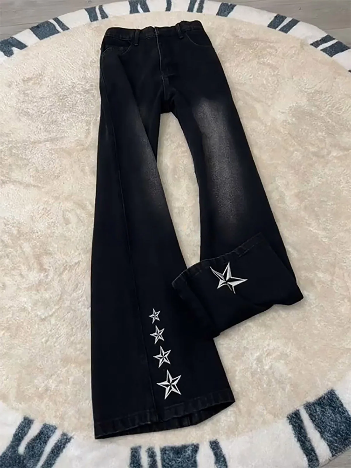 

Waed Bla Stars Embroidery Flared Jeans Men's American Sle Slim Fit Semi-Elastic Slim Straight Long Pants Vintage