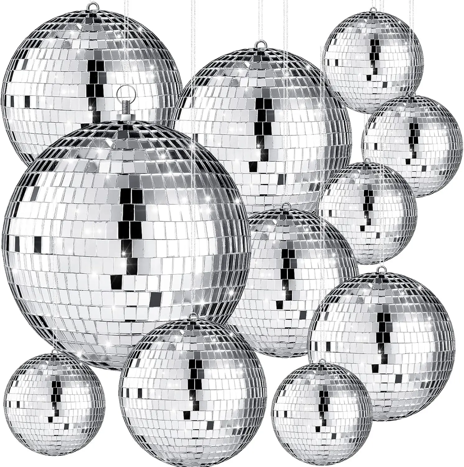 

12 Pack Large Christmas Disco Ball Decoration Different Sizes Silver Mirror Hang Disco Ball Ornaments