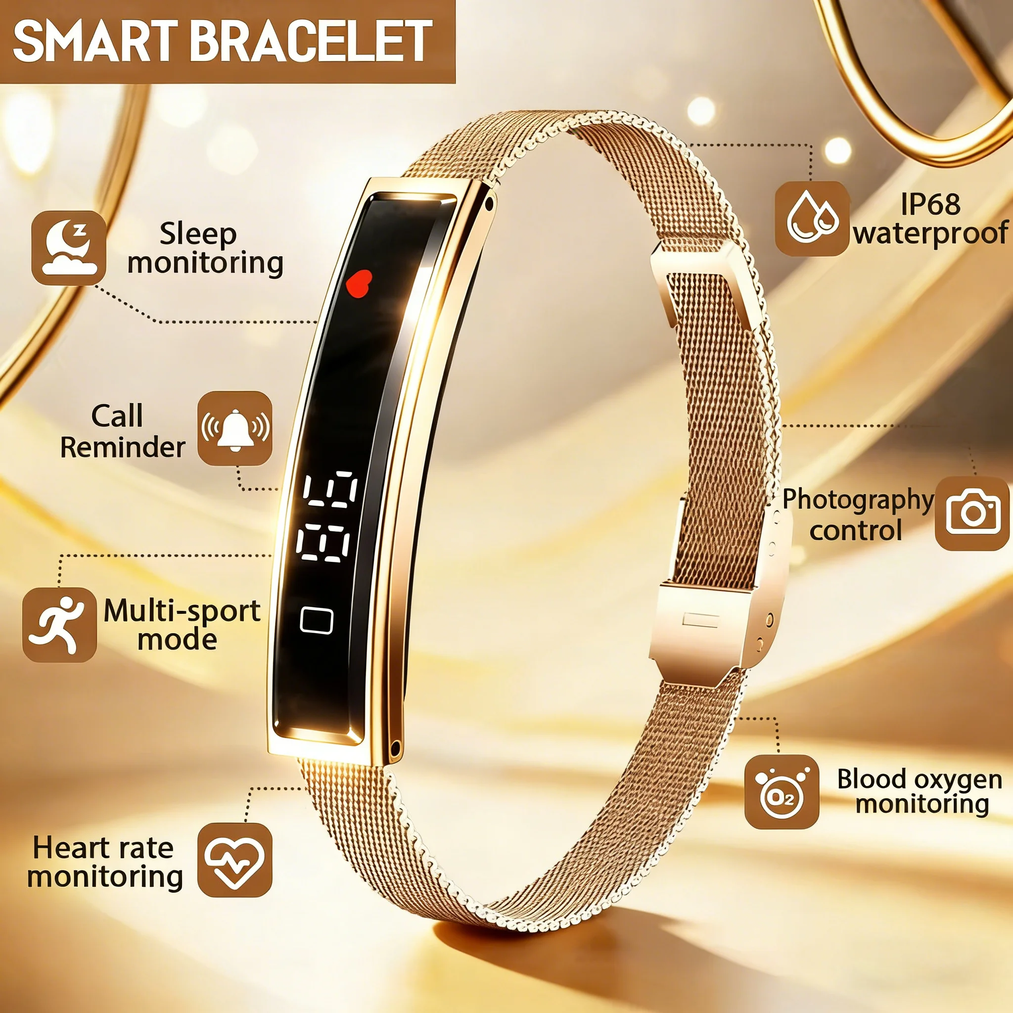 

2026 New Women Customized Fashion Smart Bracelet Blood Oxygen Heart Rate Health Monitor IP68 Waterproof Call Reminder Smart Band