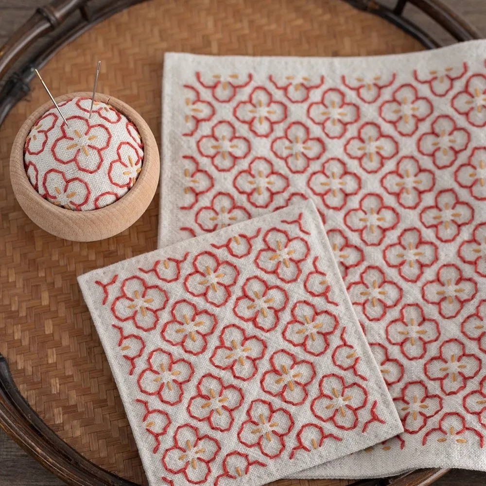 

Sashiko Tea Mat Kit, Light Color Cherry Blossom Pattern, DIY Japanese Embroidery Coaster Set, for Beginners