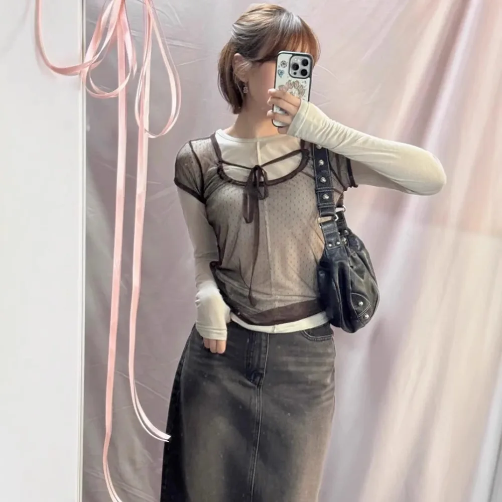 

FANCY CLUB H25 Korean Dongdaemun See-tough Dot Me Lace Fake Two-Piece Long Sve T-irt Wrap Casual Loose Fit Summer Top