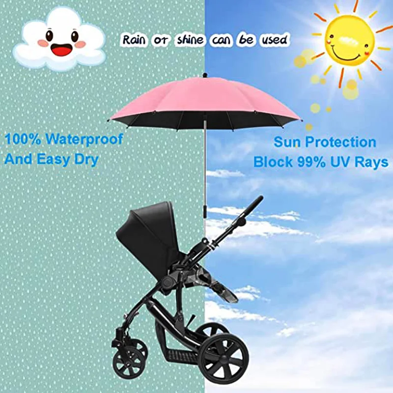 UV Protection Baby Stroller Umbrella With Clamp Fold Universal Rainproof Stroller Cover Umbrella 360 Degrees Adjustable Sunshade