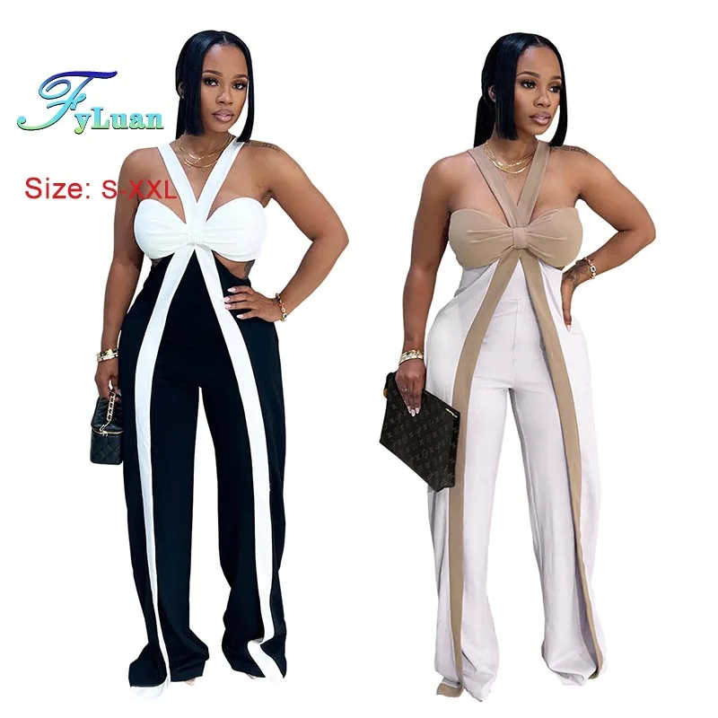 

Fashion Women Clothes Sexy Color Blocked Jumpsuits Shoulder Straps Sleeveless Off Waist Jump Suit Casual Wide Leg Pants Bodysuit