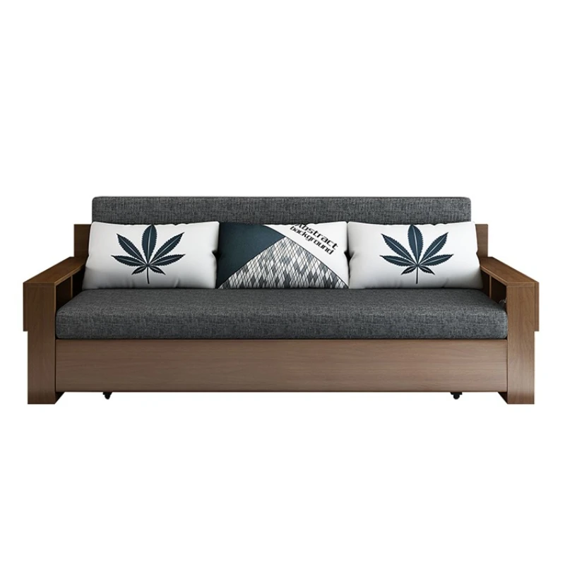 

Sofa bed dual-purpose, solid wood foldable sitting and lying simple push-pull storage living room small double