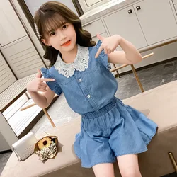 2024 summer teens kid neonate vestiti lace off spalla denim T Shirt vest + solid pants outfit 5 6 7 8 a 9 10 11 12 anni