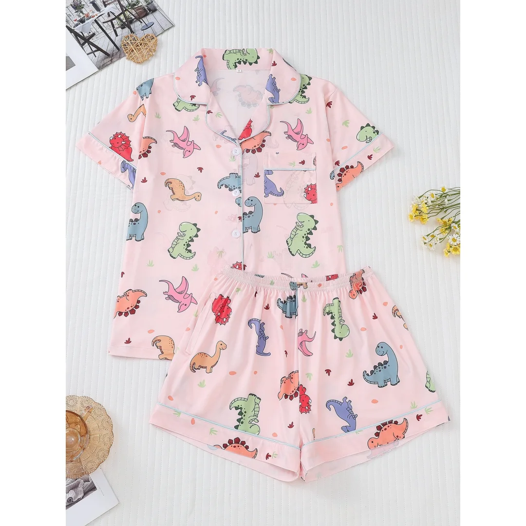 

Dinosaur Themed Pajamas Pink with Animal Print Lapel Short Sleeve Shorts Loungewear Home Wear Set Clothes Gifts for Women