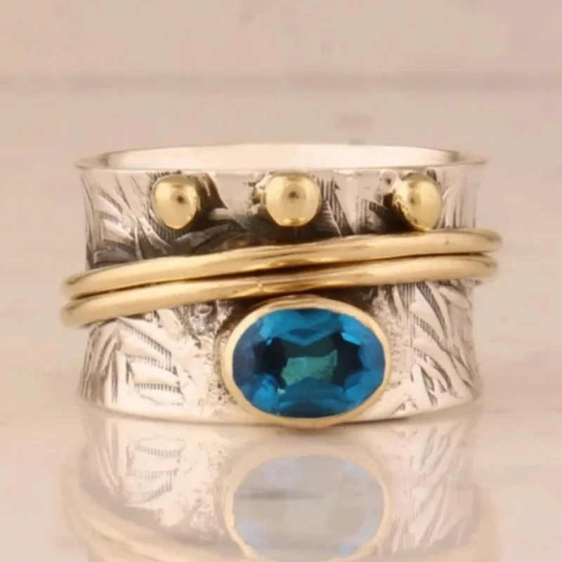 Vintage-Ring für Damen mit eingelegtem meerblauem CZ, breit, ethnisch, zweifarbig, handgeschnitzt, für den Alltag, Partyschmuck, Jubiläumsgeschenk