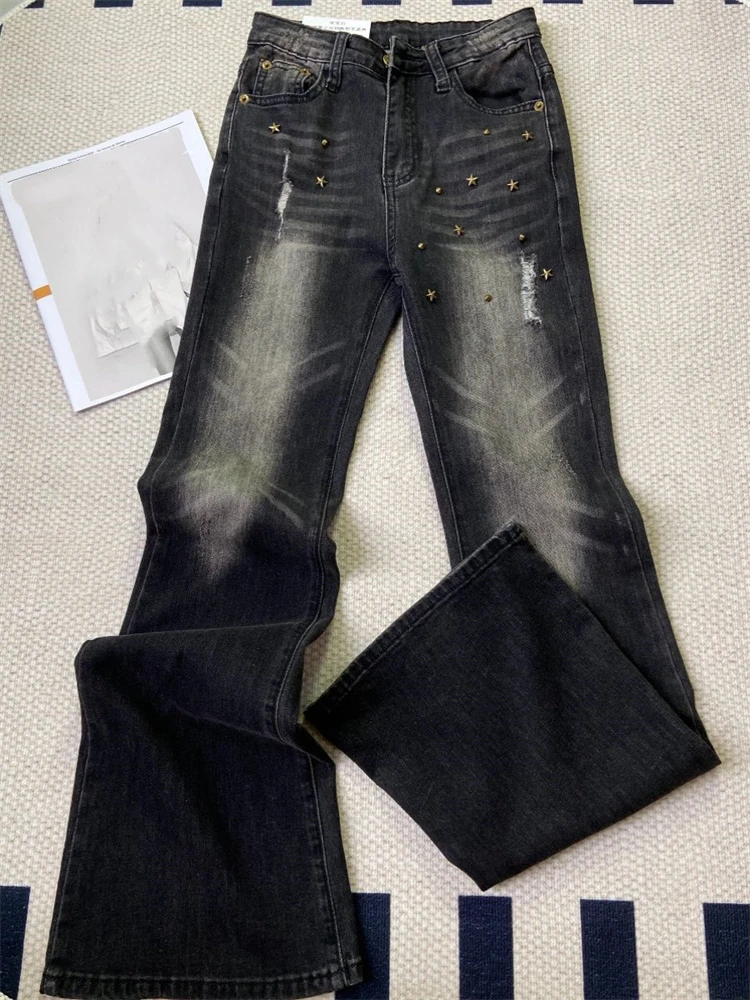 

Women's Black Gray Star Rivet Micro Flared Jeans Cool Girl Wide Leg Streetwear Vintage Trouser Female Casual Denim Pants