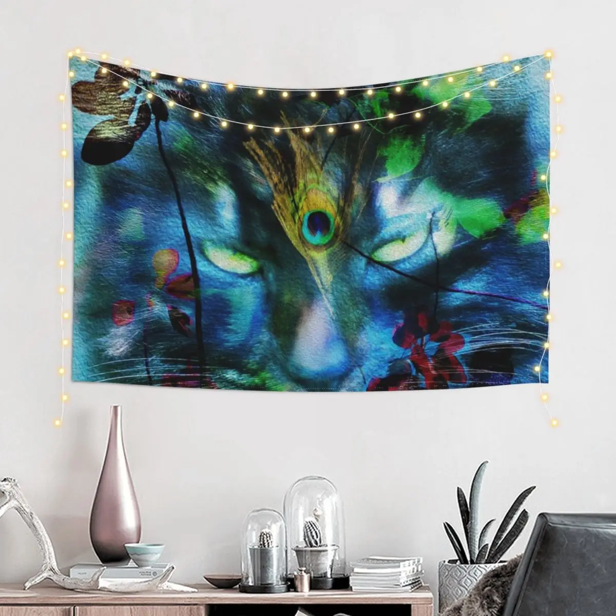 The peacock feather cat Tapestry Wall Decor Hanging Wall Carpet Home Decor Aesthetic Tapestry